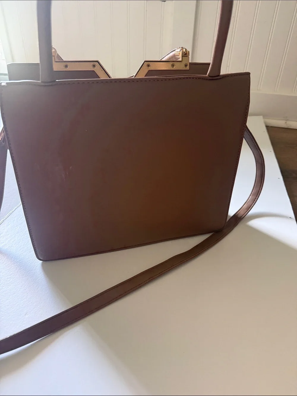 Structured Quilted Satchel in Brown with Gold Accent